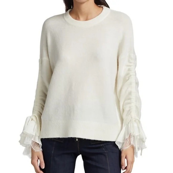 Cinq A Sept Atlas Pullover Sweater Ivory Wool Lace Ruffle Cuff Xxs French Girl